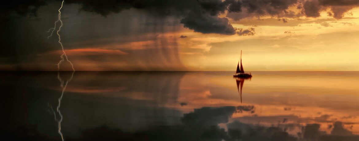 A striking seascape featuring a sailboat, lightning, and storm clouds at sunset.