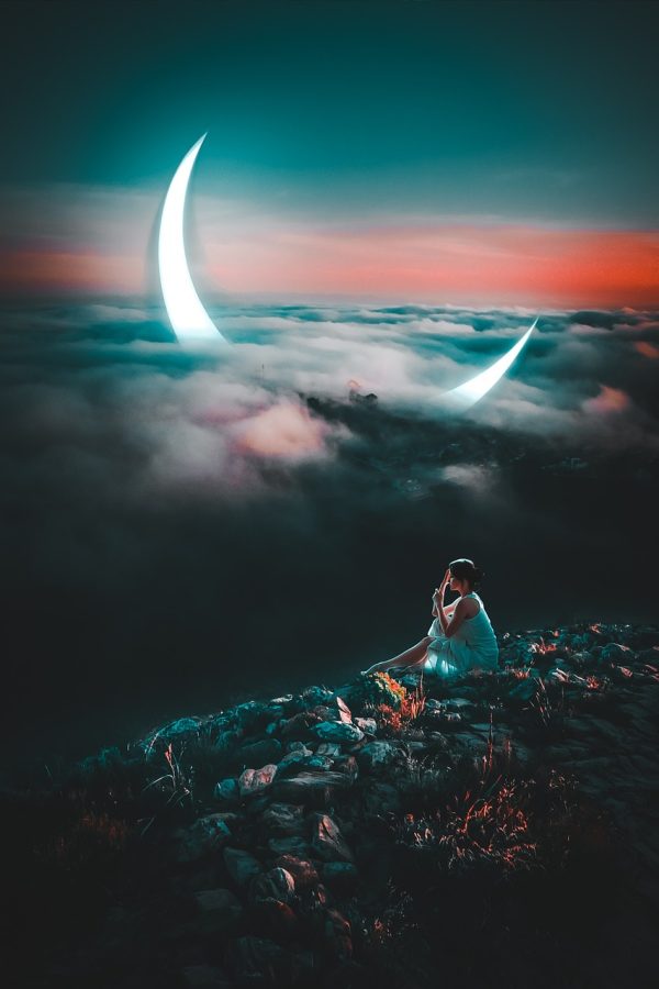 photo, background, photoshop, fantastic, nature, fantasy, beautiful wallpaper, surrealism, editor, treatment, sky background, moon, crescent, young woman, night sky, light, mountains, clouds, sky, inspiration, iphone wallpaper